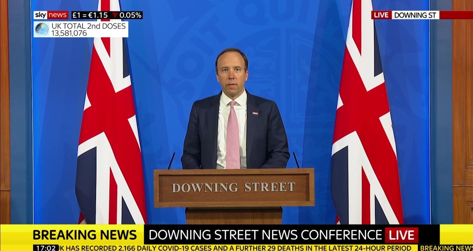 Health secretary Matt Hancock this evening addressed the nation at a Downing Street press conference