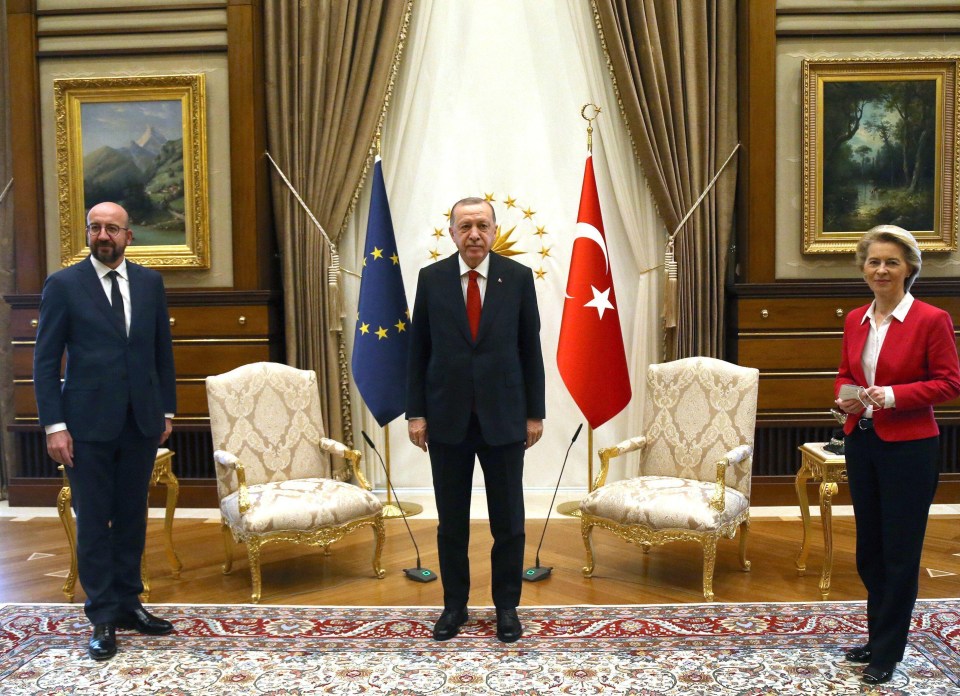 Von der Leyen was in Turkey alongside EU council president Charles Michel (left) for talks with Turkish president Erdogan (centre)