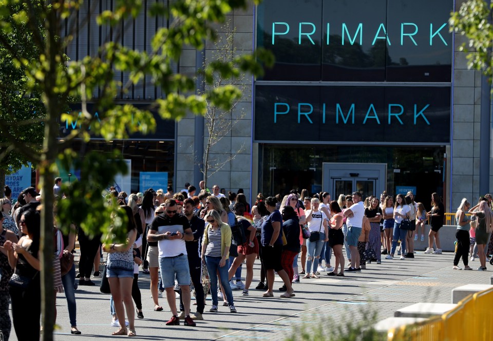 Shoppers queued to get into Primark stores when they reopened after the first England lockdown in mid-June