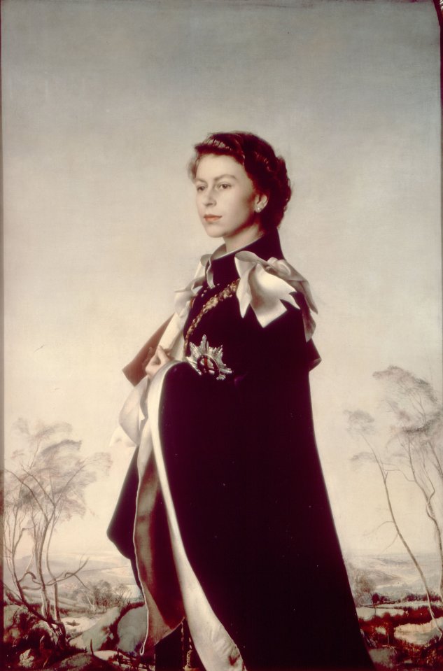 The Queen draped in Order of the Garter robes in her favourite portrait painted by Italian Pietro Annigoni in 1954