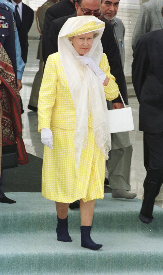 In Pakistan, in 1997, The Queen took her shoes off to respect the Islamic dress code and was seen wearing these black socks