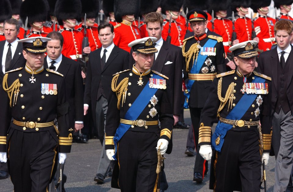 Members of Britain's Royal Family (L-R) Prince Andrew, Viscount Linley, Daniel Chatto, Prince Charles, Prince William, the Duke of Kent, The Duke of Edinburgh and Prince Harry follow the gun carriage carrying the coffin of the Queen Mother