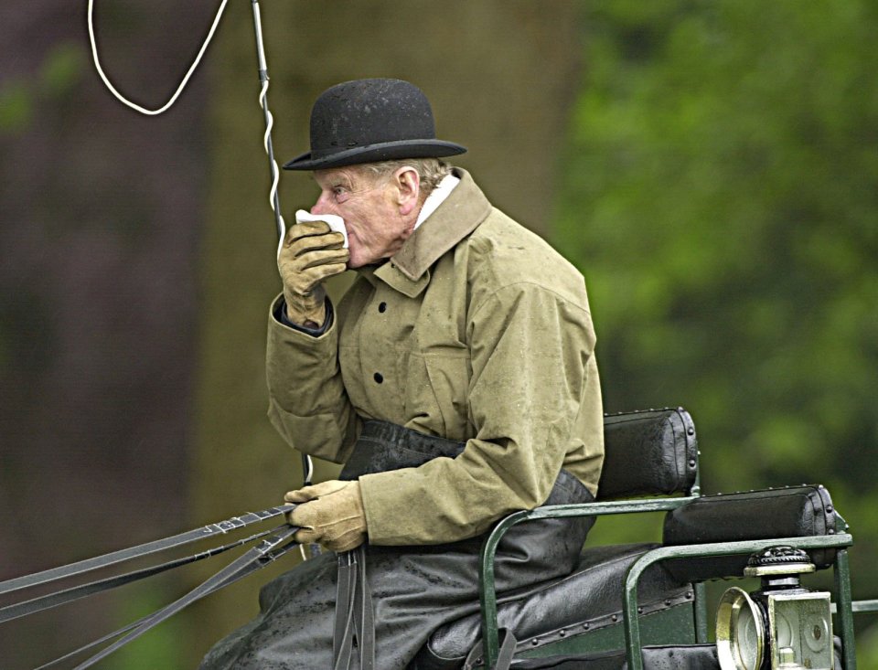 This is my favourite photo of the Duke, taken at a carriage- driving competition at Windsor Horse Show – and visions of Albert Steptoe come to mind! Prince Philip was wiping his nose to get rid of the rain. One thing about the Duke was that he never cared much for what people thought