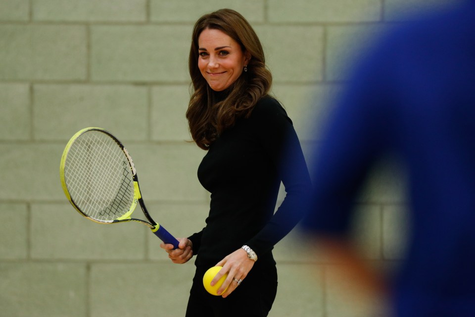 To serve . . .  The Duchess joins a tennis session at sports village in Basildon, Essex, in October 2018