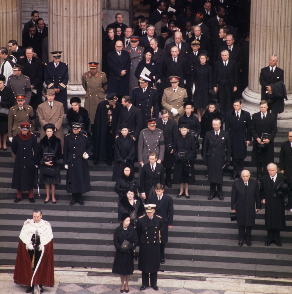 The royal family, including a 16-year-old Charles, at the funeral of Winston Churchill