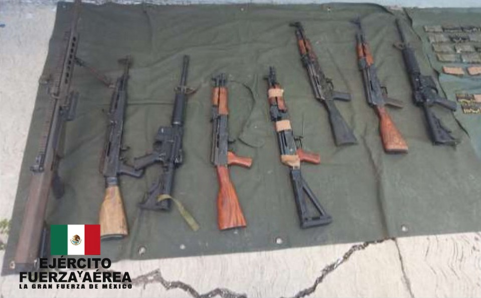 A cache of weapons which have been recently seized from the cartel by cops