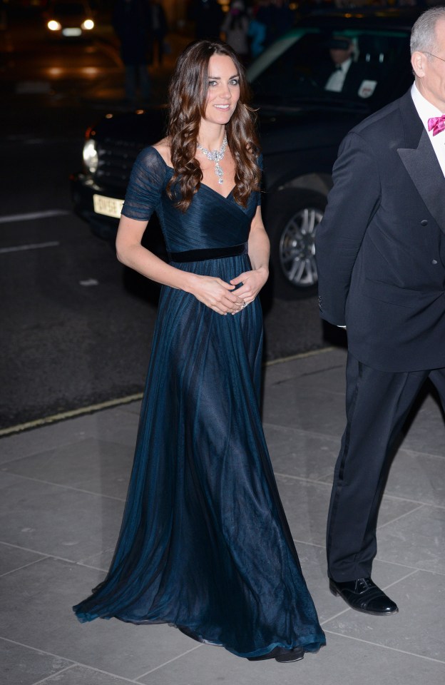 Kate in a Jenny Packham midnight-blue gown, with the Nizam of Hyderabad diamond necklace loaned to her by the Queen at the National Portrait Gala in 2014