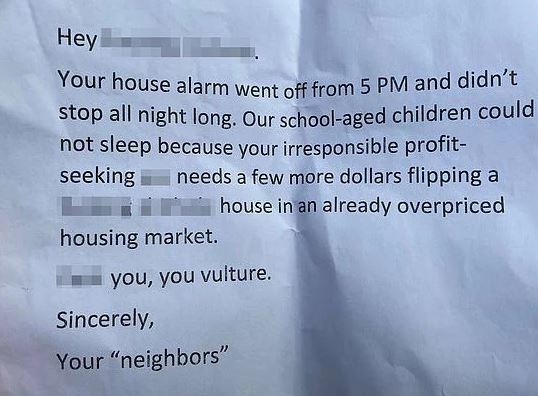 A family were shocked when they received a brutal note from an angry neighbour