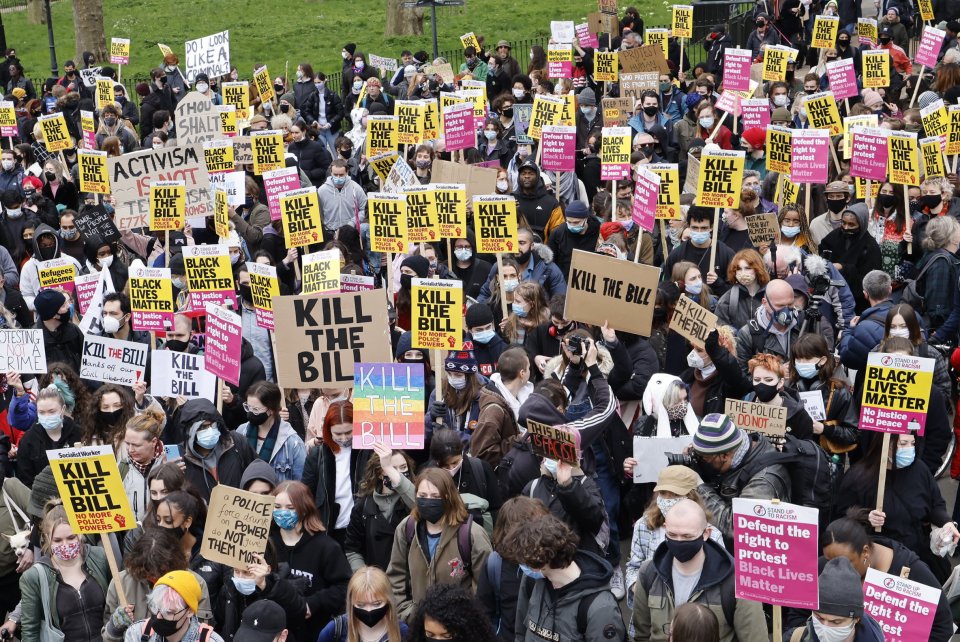 London protesters carrying placards as they campaign against the legislation