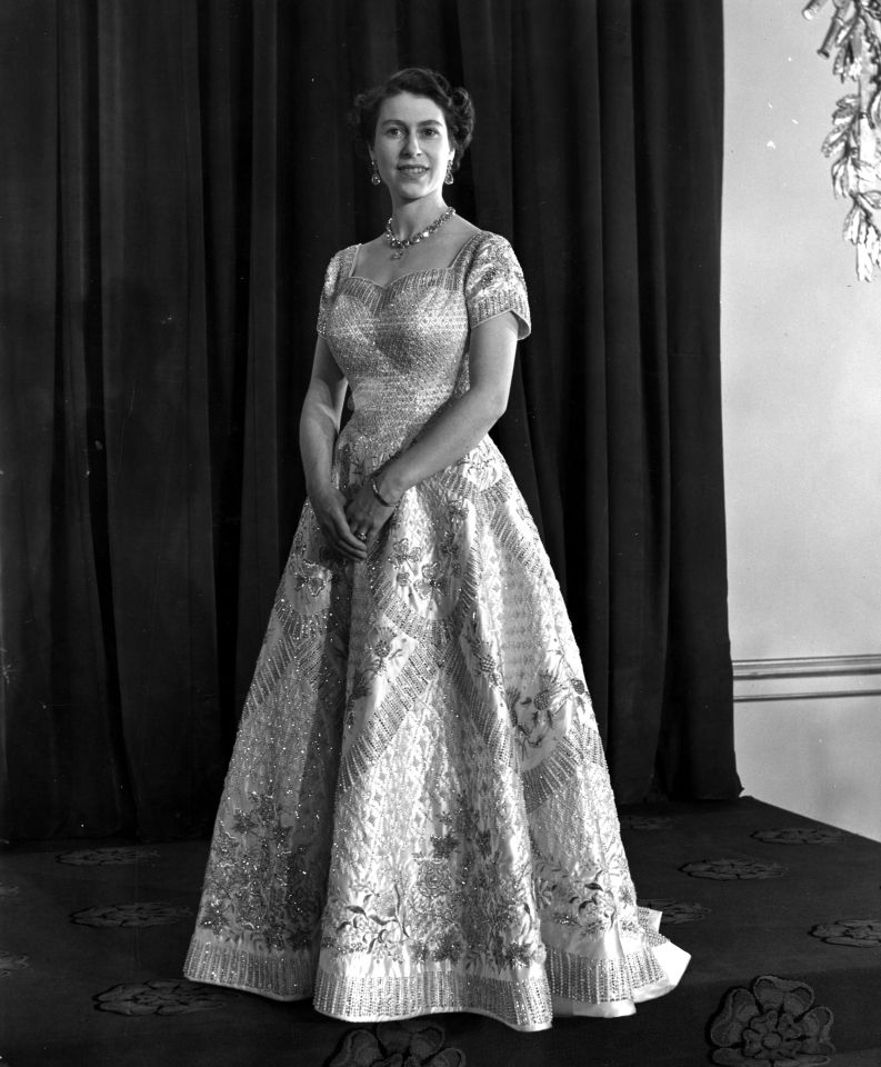 The Queen two days after her coronation in June 1953, in the gown designed by royal dress-maker Norman Hartnell she wore for the ceremony