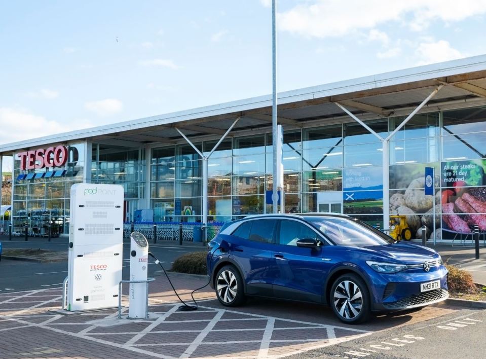 Tesco, in partnership with Volkswagen and Pod Point, is installing free charging points at 600 supermarkets around the UK