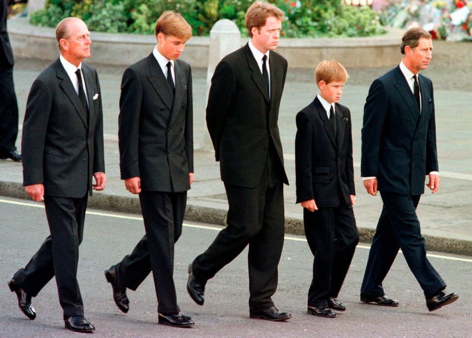 Prince William and Harry wore suits alongside Prince Philip and Charles at their mother's funeral