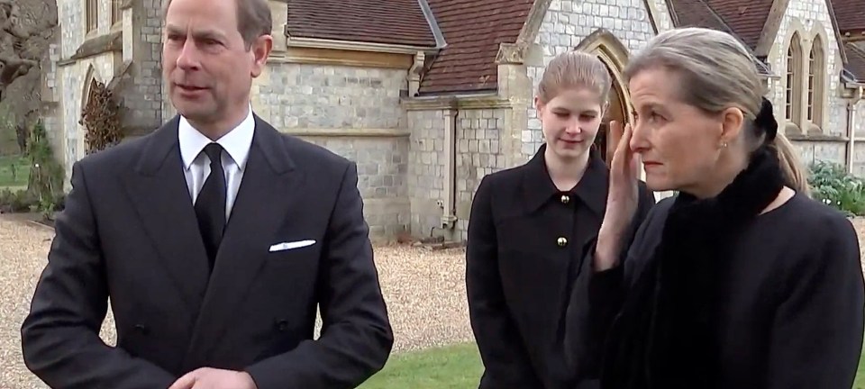 Sophie, pictured with husband Edward and daughter Lady Louise, wiped her eyes as she spoke to those who had known the prince