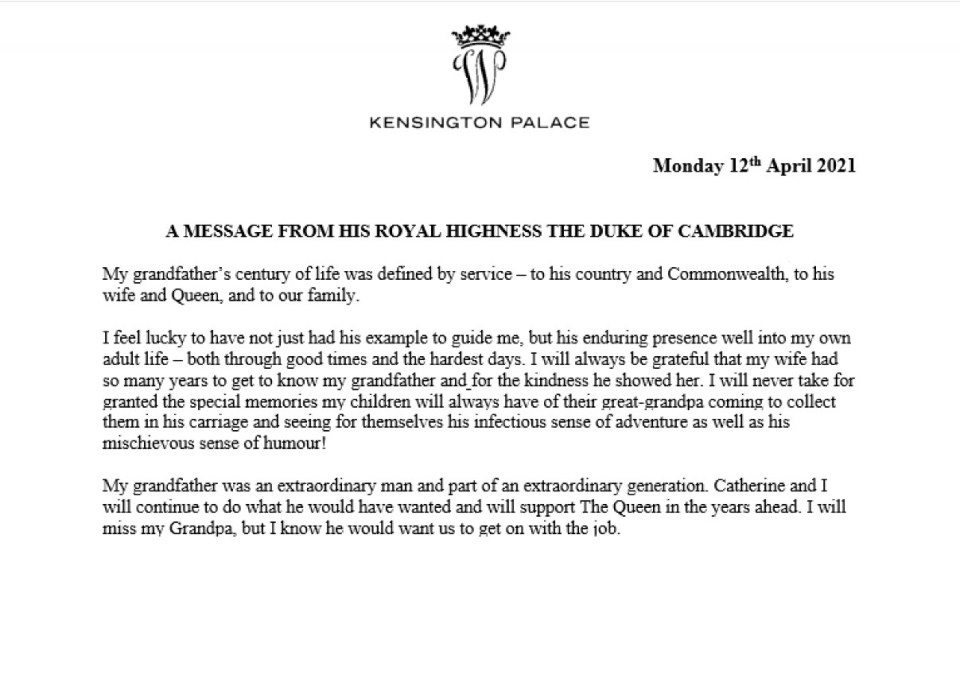 Prince William also shared a statement in tribute