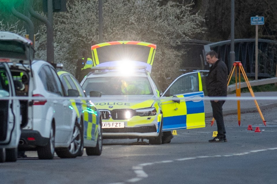 The police car, with a damaged wing mirror, that struck a pedestrian, a 25-year-old woman from Aylesbury