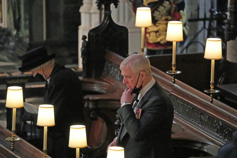 Prince Andrew sat closest to the Queen, but the pair remained socially distanced