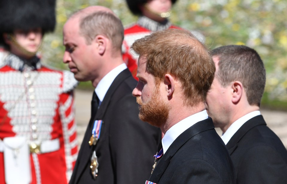 Prince Harry and William walked feet apart behind Prince Philip coffin, with Peter Phillips between them