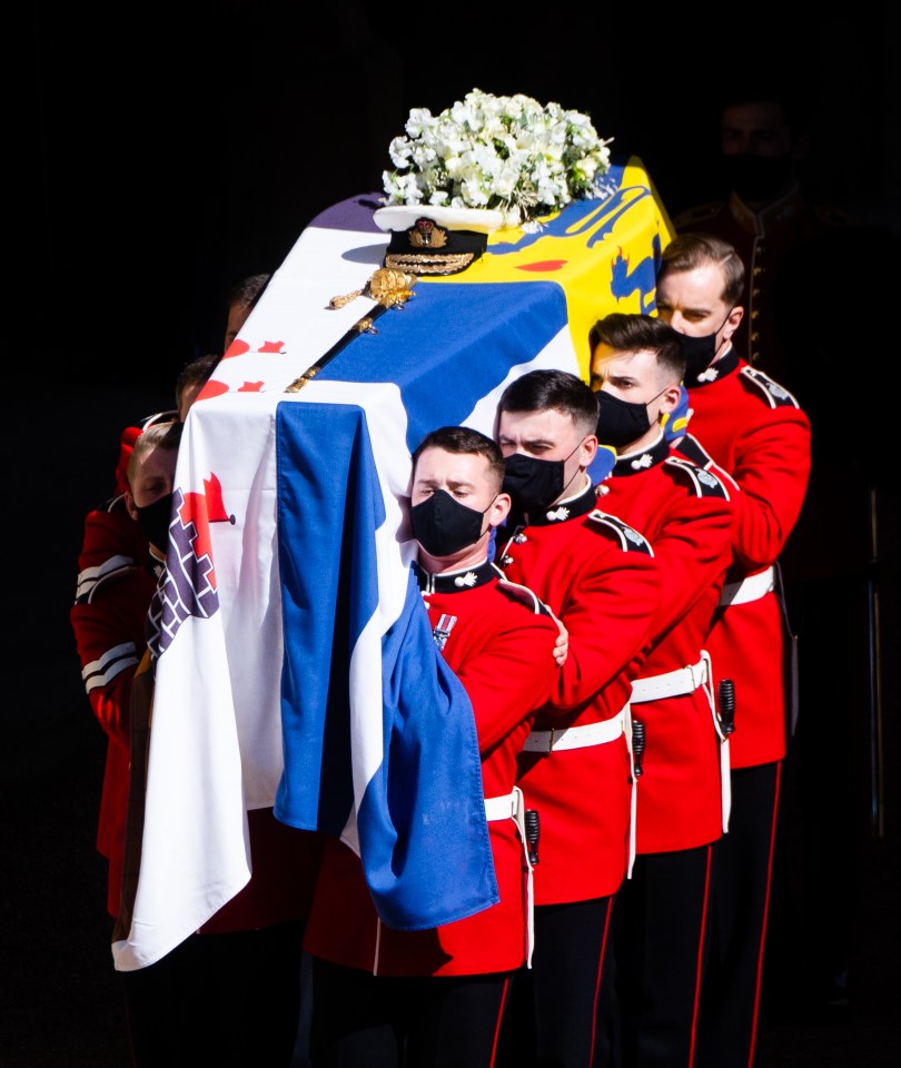 Pallbearers from the Royal Marines carry Prince Philip’s coffin