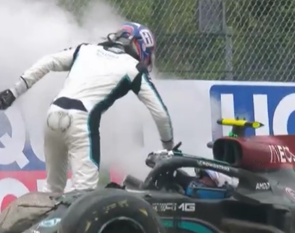 Valtteri Bottas flicked a middle finger at George Russell after their crash