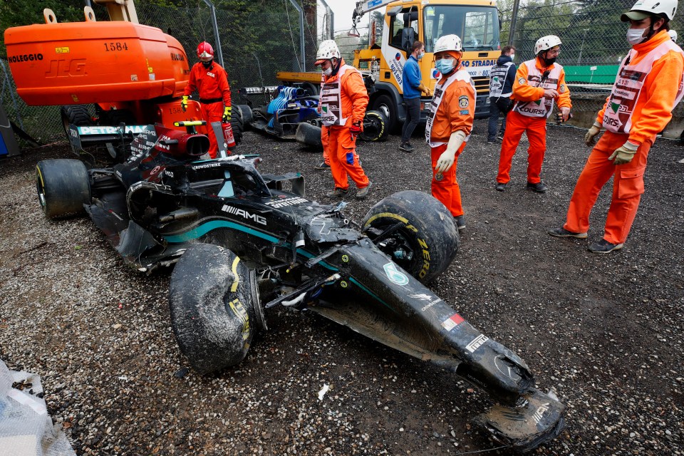 Bottas' Mercedes and Russell's Williams (behind) showed the force of the hit