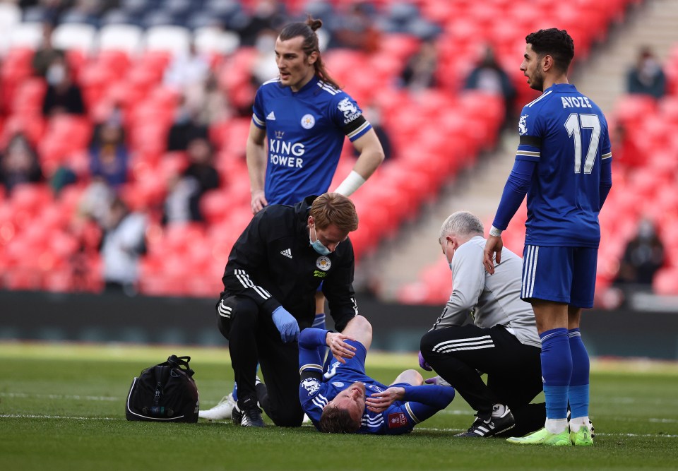 Leicester striker Vardy receives treatment at Wembley but was fine to continue playing