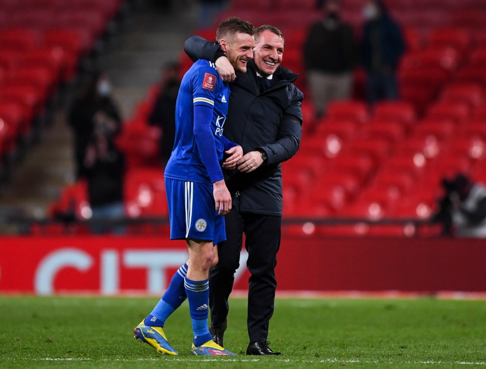 Foxes' boss Brendan Rodgers and Jamie Vardy enjoy the feeling of reaching the FA Cup final