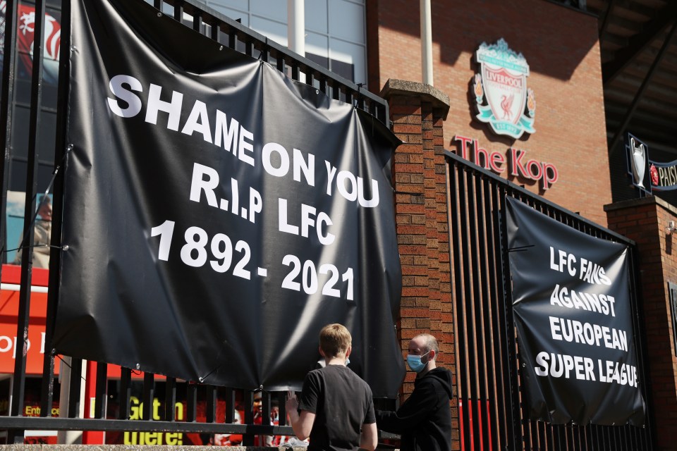 Liverpool fans hung banners around Anfield in protest of the European Super League