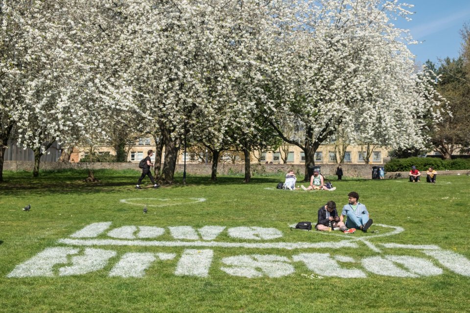 People enjoying the spring blossom and sunshine in Bristol