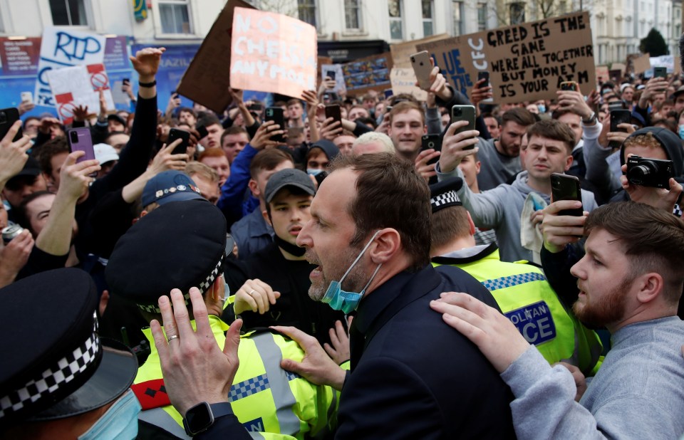 Chelsea legend Petr Cech pleaded with protesting fans outside Stamford Bridge