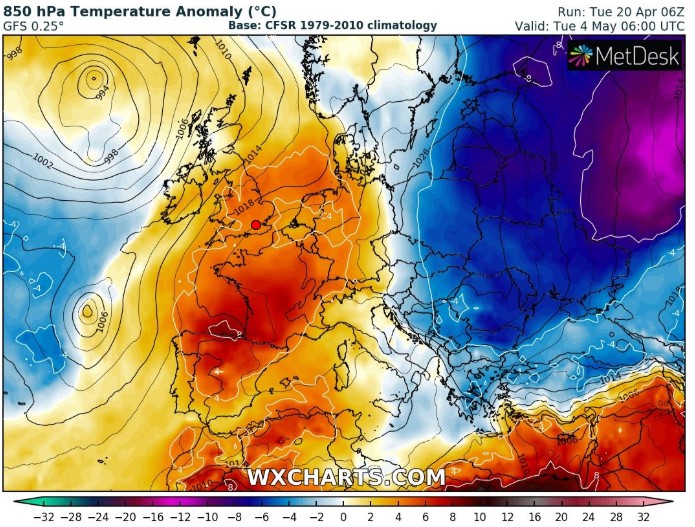 The temperature map for the UK is orange - showing high temperatures - for the beginning of May