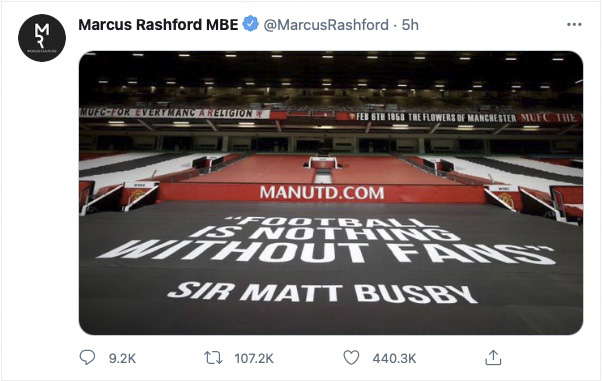 Marcus Rashford tweeted out a poignant image of Sir Matt Busby’s famous words: ‘Football is nothing without fans’