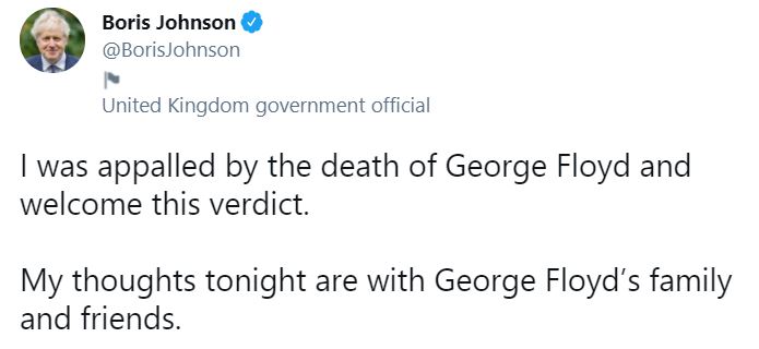 Mr Johnson said he was 'appalled' by the death of George Floyd