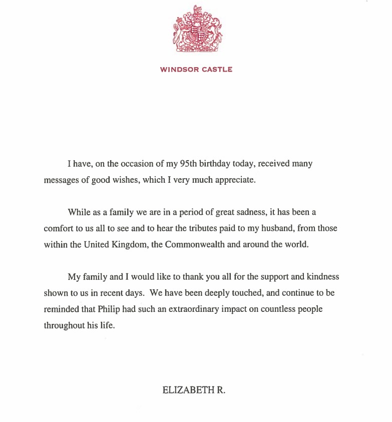 The Queen issued the heartfelt message on her birthday