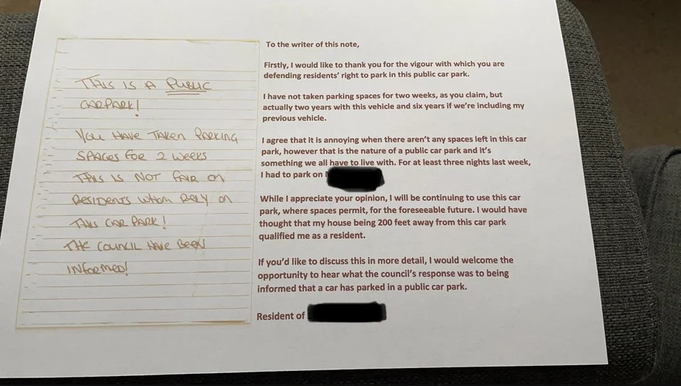 The driver posted his smart response to the annoyed neighbour