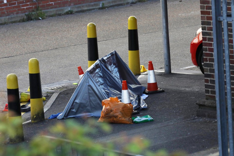 A small tent was set up in the car park beside a bag of shopping