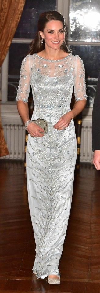 Kate in a £3,125 Jenny Packham dress with embellished crystals, sequins and floral motifs for a gala at the British embassy in Paris in 2017