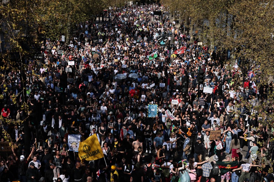 Activist gather for a ‘Unite for Freedom’ protest in London against Covid-19 restriction