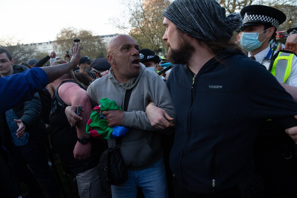 Protesters shouting at police in Hyde Park