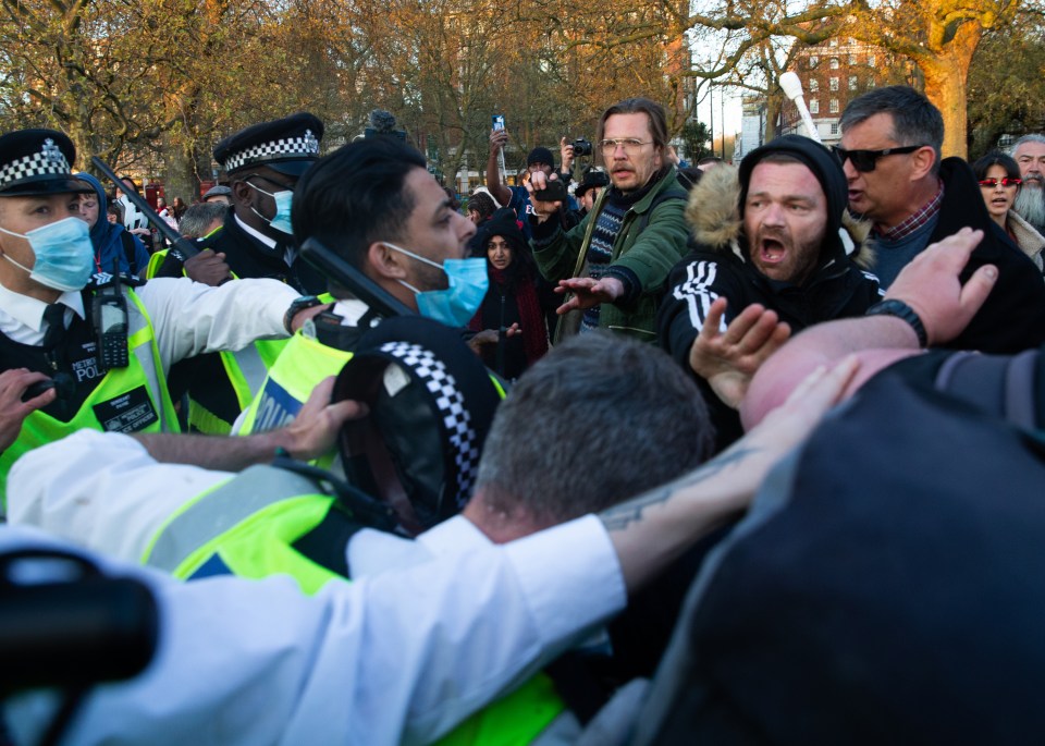 Protesters are pictured squaring up to cops in Hyde Park