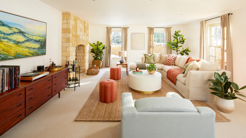 The living room is spacious with a fireplace for the cold winter evenings