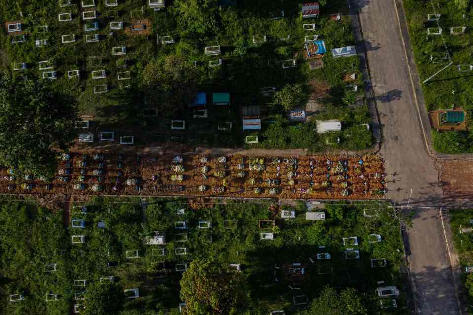 Aerial view of COVID-19 victims' graves on a street, since there is no more free area at the Nossa Senhora Aparecida cemetery, in Manaus, Amazonas state