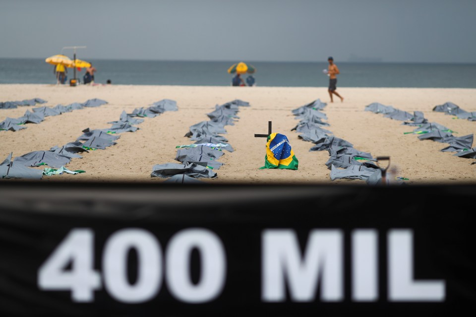 NGO Rio of Peace protested when Brazil reaches the mark of 400 thousand deaths from COVID-19 in the country, setting up scenic body bags and staging a shallow grave burial on the sands of Copacabana beach