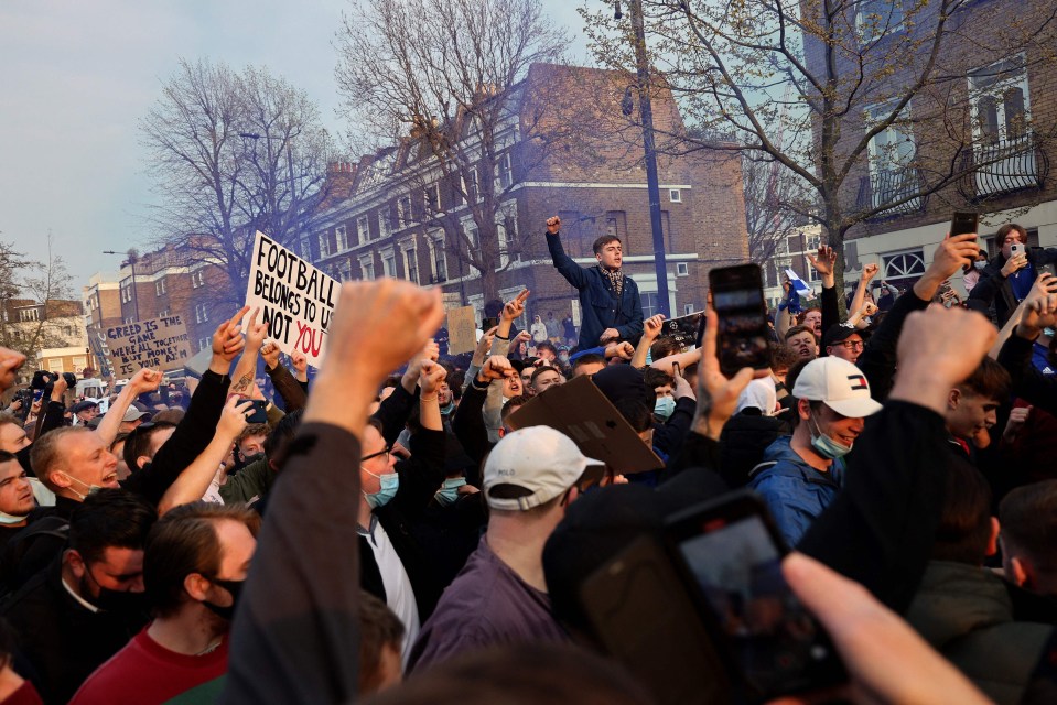 A large number of Chelsea fans gathered at Stamford Bridge to voice their anger