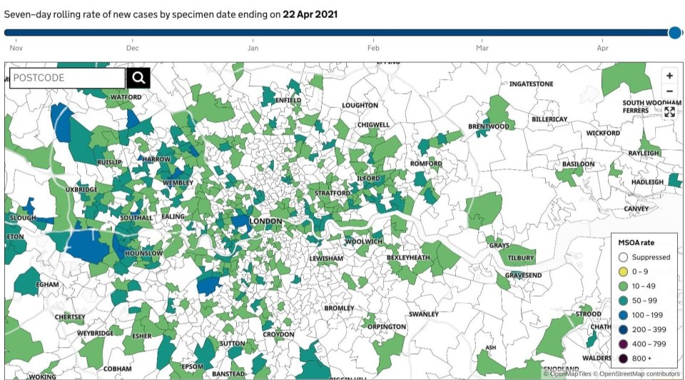 Public Health England statistics shows vast swathes of the county have their current infection rate data recorded as 'suppressed' meaning they have had less than three cases in the most recent week of figures