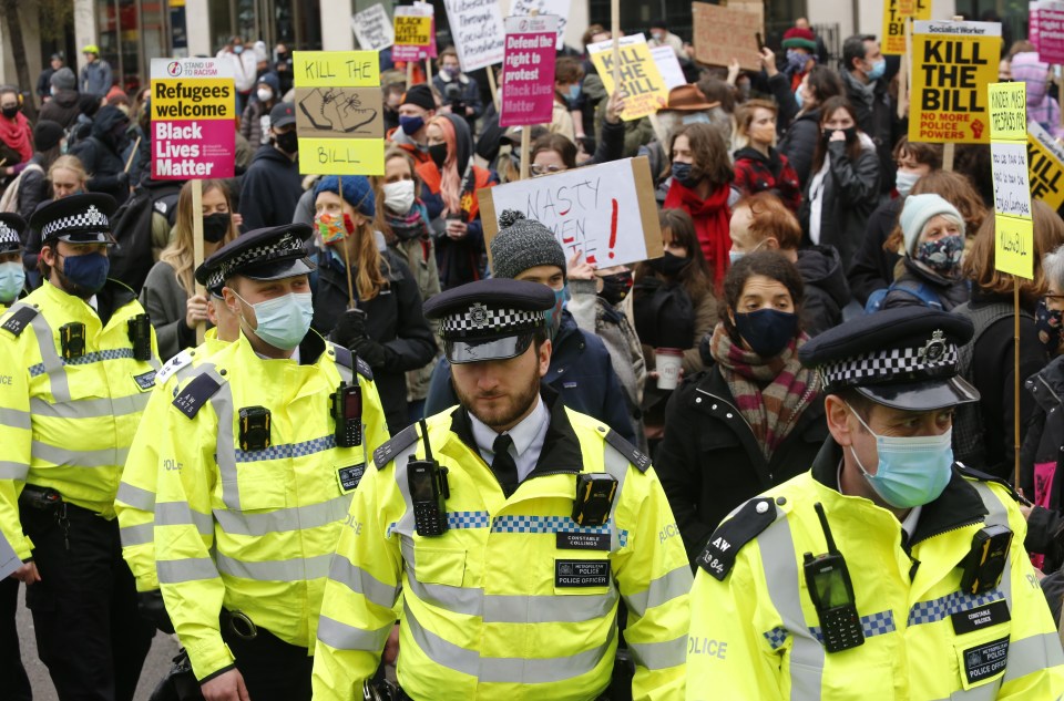 Police walk infront of a crowd of protesters in London