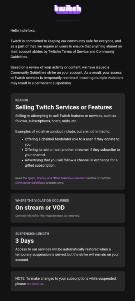 A screen grab of a message that Indiefoxx says was sent to her by Twitch