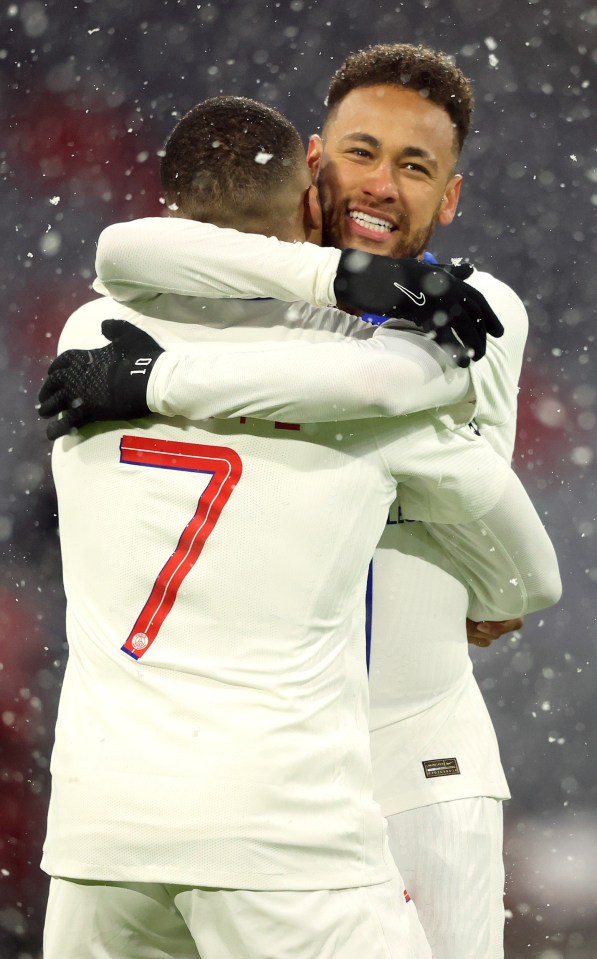 Mbappe and strike partner Neymar celebrate at Allianz Arena