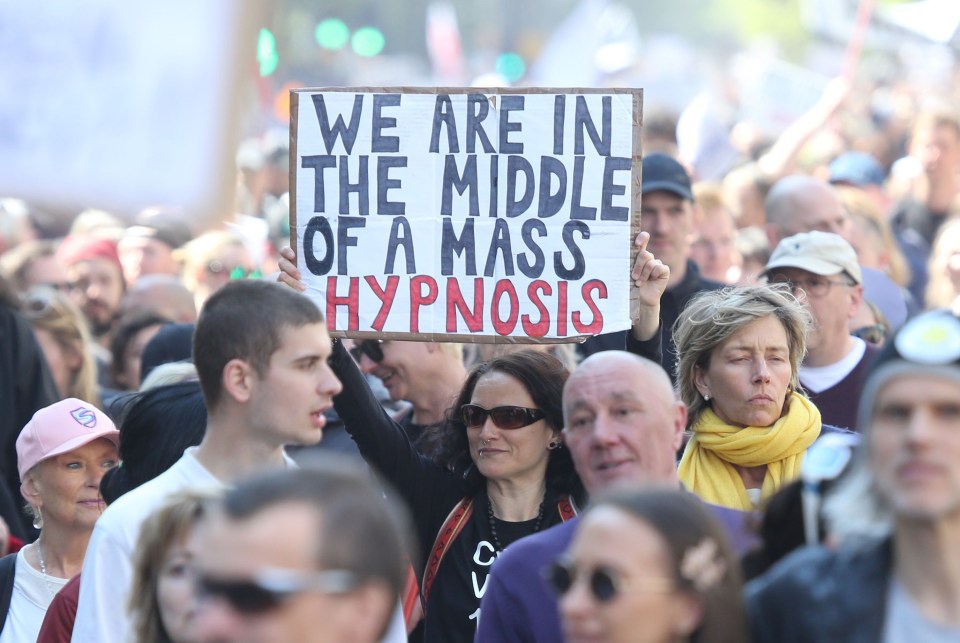 A demonstrator holds a sign among a large crowd