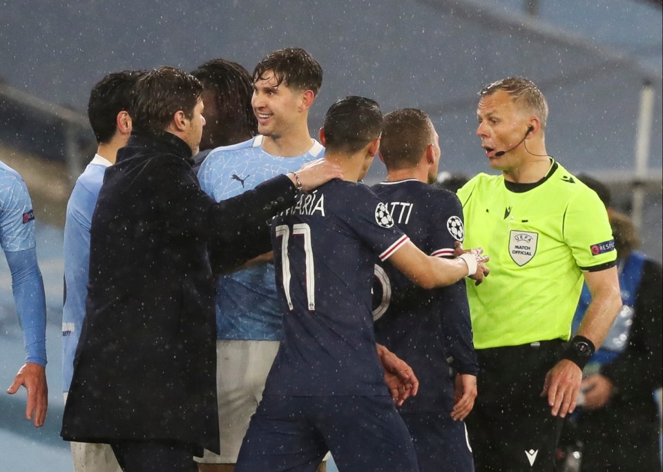 Angel Di Maria protests after he was sent off in the second leg