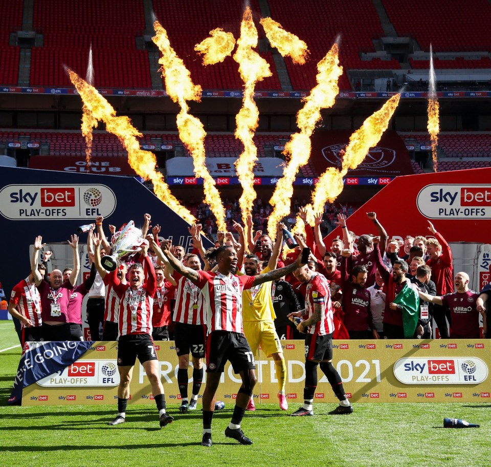 Ivan Toney leads the celebrations after Brentford beat Swansea at Wembley